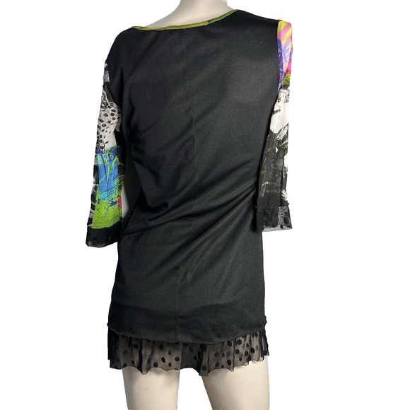 Artsy Mixed Media Patchwork Tunic Top L Black Floral Polka Dot Mesh Embellished - Picture 3 of 10